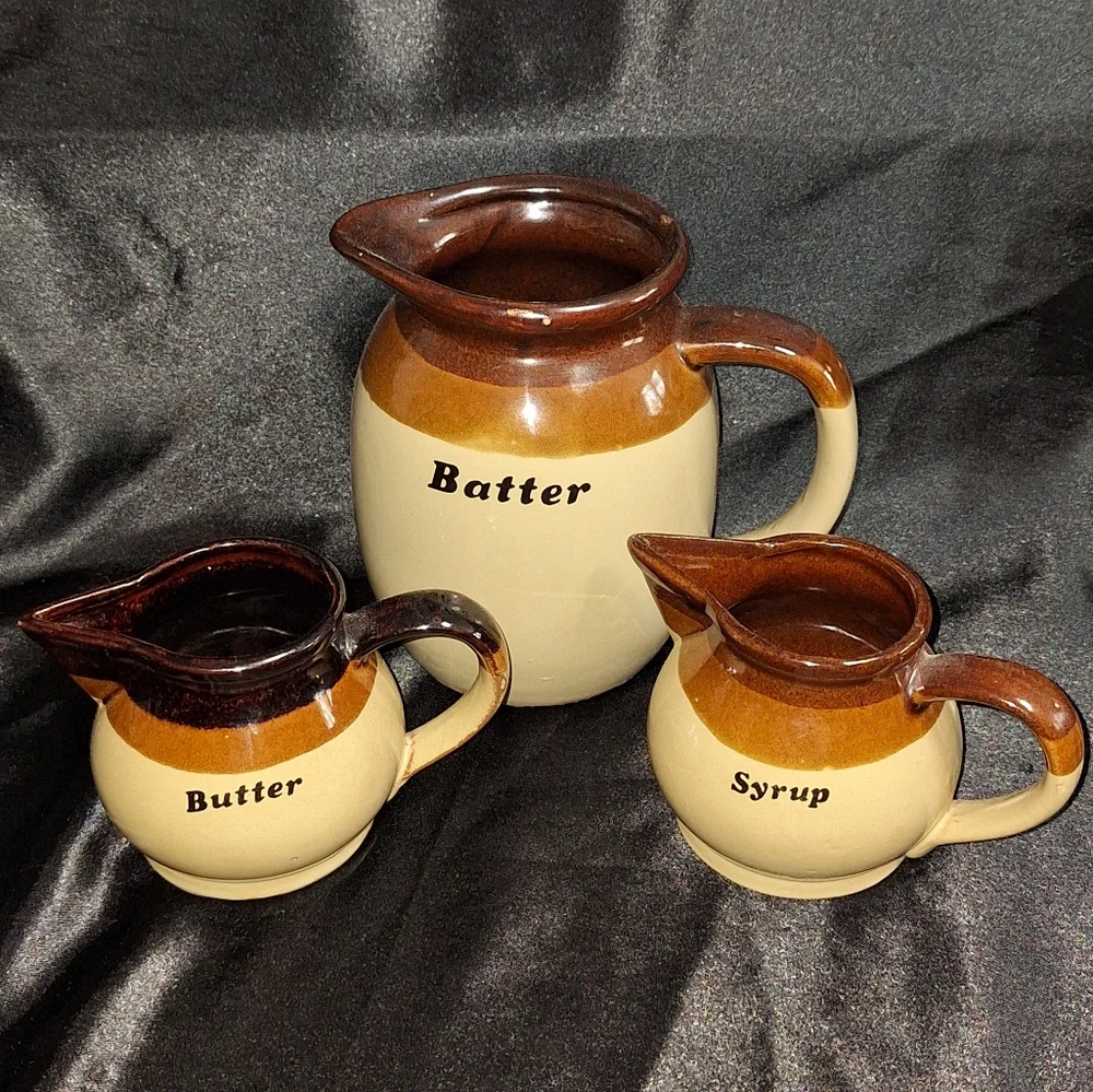 3 Pc. Vintage Glazed Ceramic Pottery~Pancake Pitcher Set~Retro Clayworks~MCM